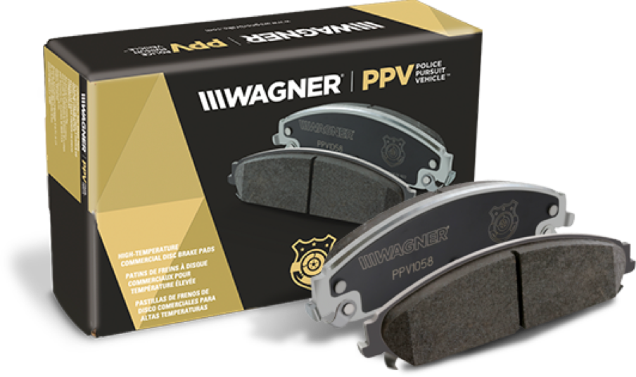 Two Wagner PPV brake pads sitting in front of the box they came in