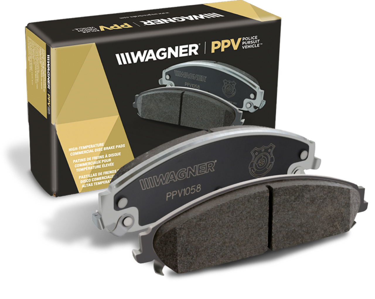 Two Wagner PPV brake pads sitting in front of the box they came in