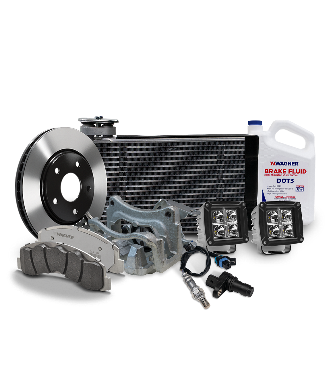 Collection of Wagner products including braking, lighting, and sensors