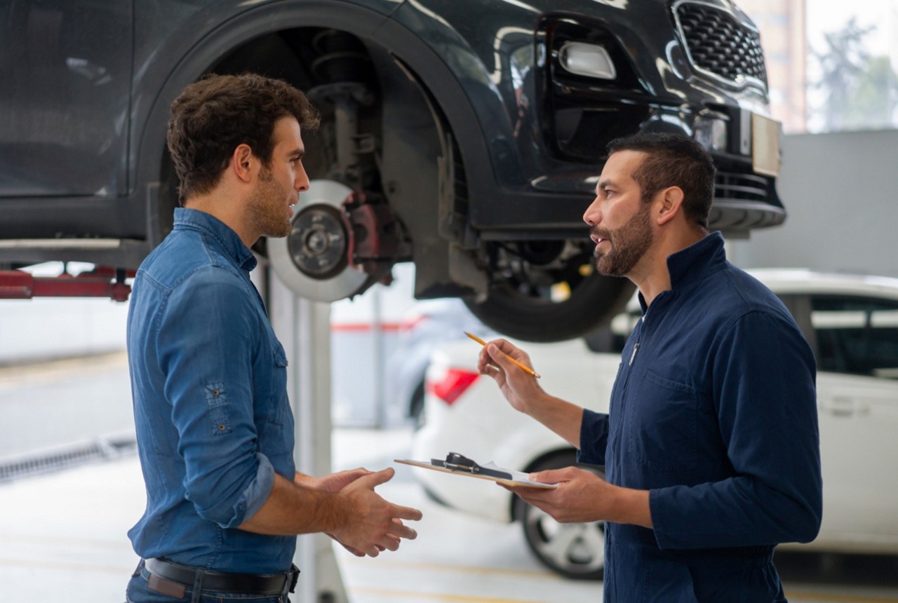 Mechanic Discussing Auto Repairs with Customer Mechanic Discussing Auto Repairs with Customer