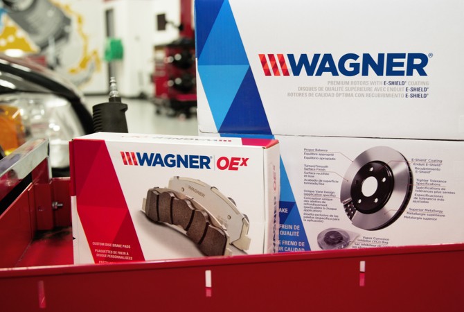 wagner-oex-brake-pads Store display of Wagner OEX brake pads and Wagner E-Shield Rotors.